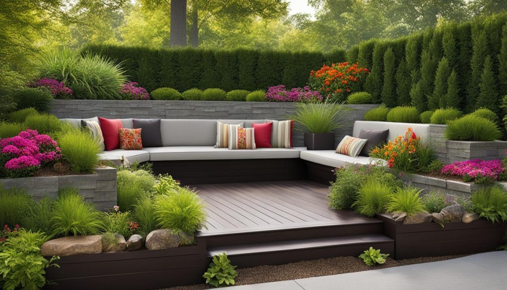outdoor living area with benches retaining wall